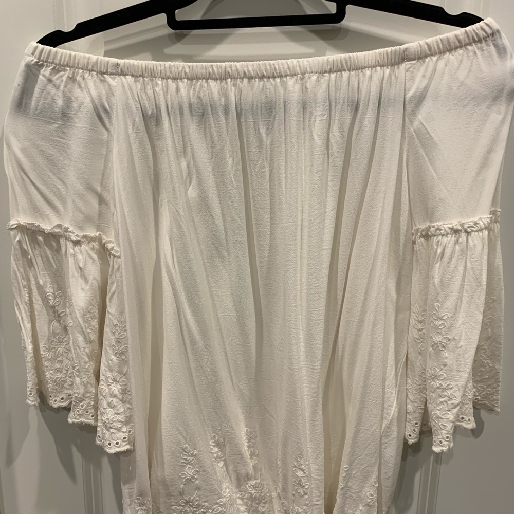 LOFT off the shoulder ivory silk top.